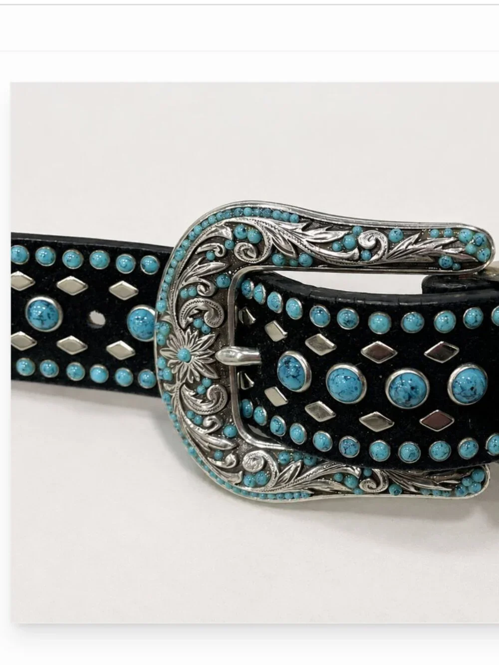 Nocona Black Leather Western Belt Large Turquoise Beaded Studded Floral Buckle